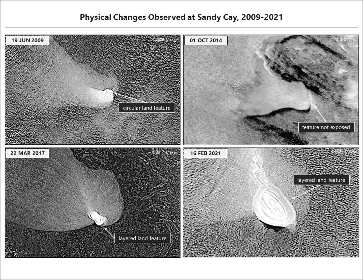 Satellite images obtained by Bloomberg News depict physical changes to a layered land feature at Sandy Cay between 2009 and 2021.dfd