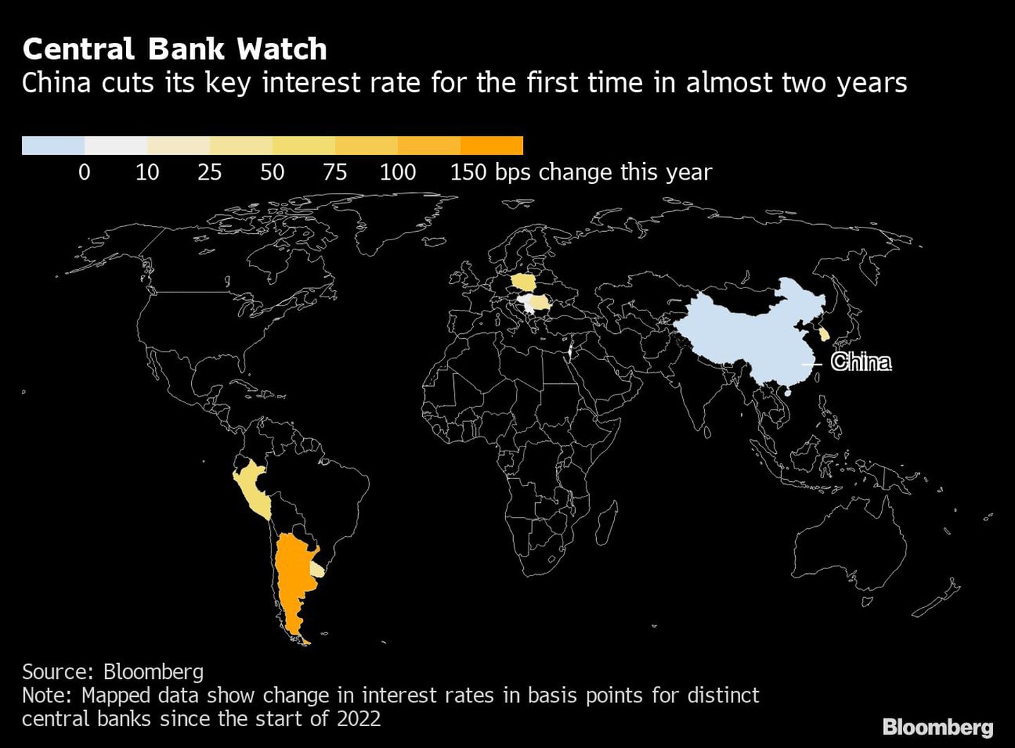 El mapa muestra cambios de tasas de interés por parte de los bancos centrales desde el comienzo de 2022.dfd