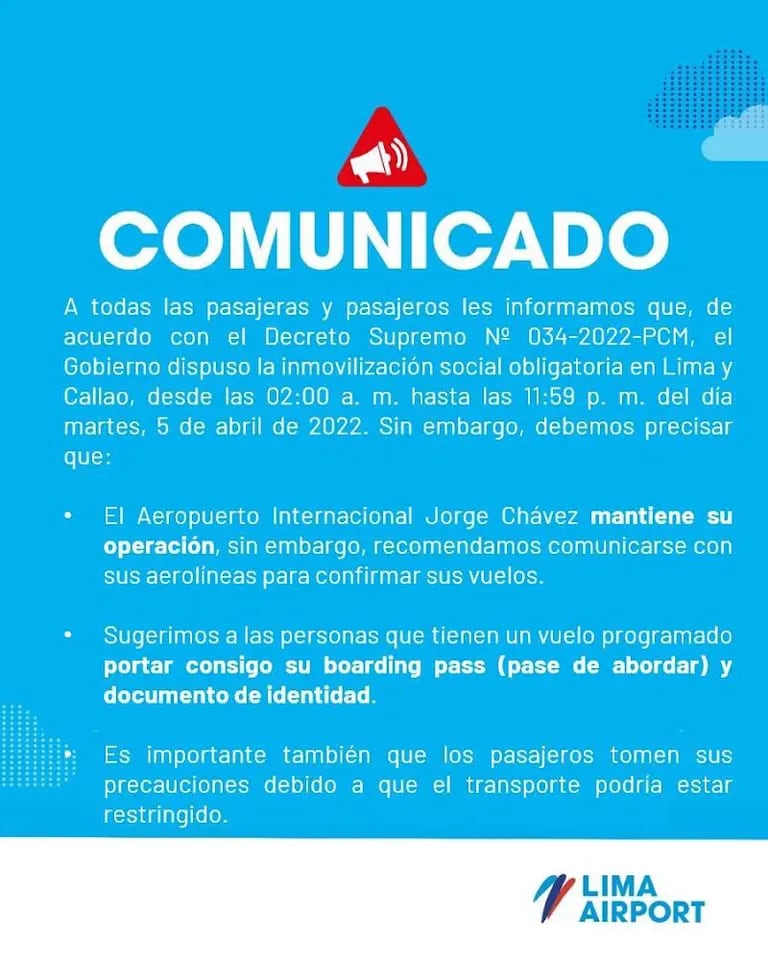 Respecto a la disposición del Gobierno de inmovilización social obligatoria en Lima y Callao, LAP brindó el siguiente comunicado.dfd