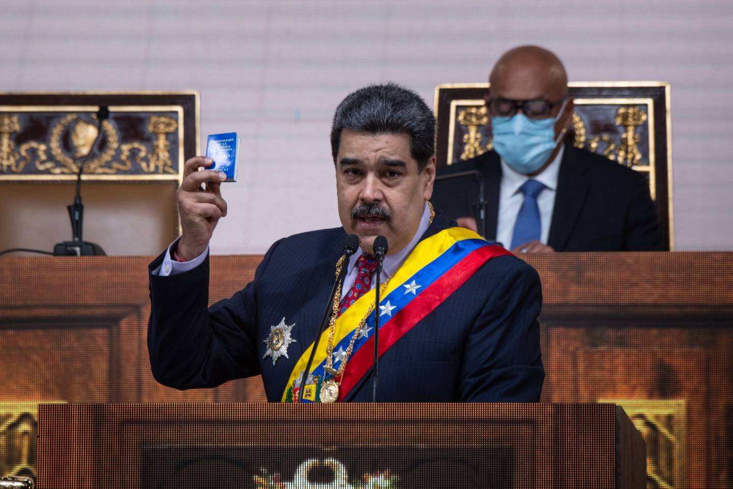Nicolas Maduro, presidente da Venezuela, faz um discurso sobre o Estado da União diante da Assembleia Nacional em Caracas, Venezuela, no sábado, 15 de janeiro de 2022