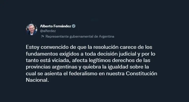 Alberto Fernández asegura que el fallo de la Corte "carece de los fundamentos exigidos a toda decisión judicial".dfd
