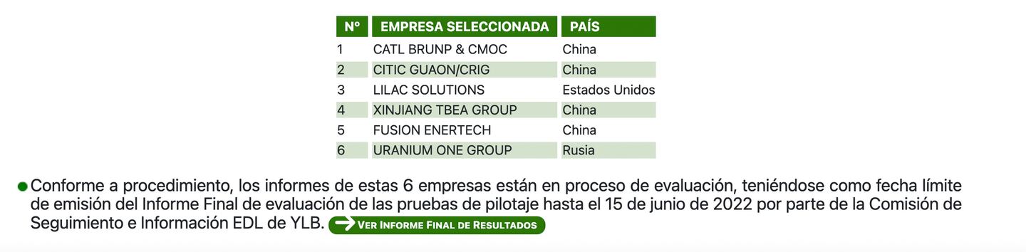 El gobierno boliviano publicó esta lista de las empresas licitantes en la página oficial de Yacimientos de Litio Bolivianos (YLB).dfd