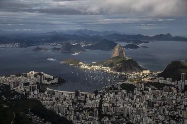 The view from the mountain where the Christ the Redeemer statue is located during its 90th anniversary in Rio de Janeiro, Brazil, on Tuesday, Oct. 12, 2021. Elected one of the seven wonders of the modern world, the statue celebrates its 90th anniversary as Brazil's most famous landmark.
