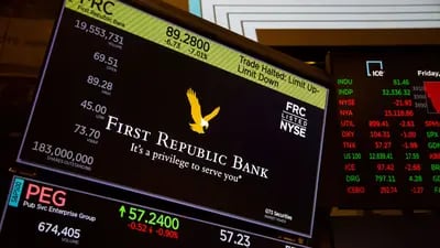 First Republic Bank signage as trading is halted on the floor of the New York Stock Exchange in New York, US, on Friday, March 10, 2023. Photographer: Michael Nagle/Bloomberg