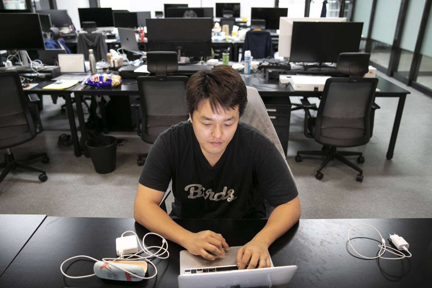 Do Kwon, co-founder and chief executive officer of Terraform Labs, works on his laptop in the company's office in Seoul, South Korea.