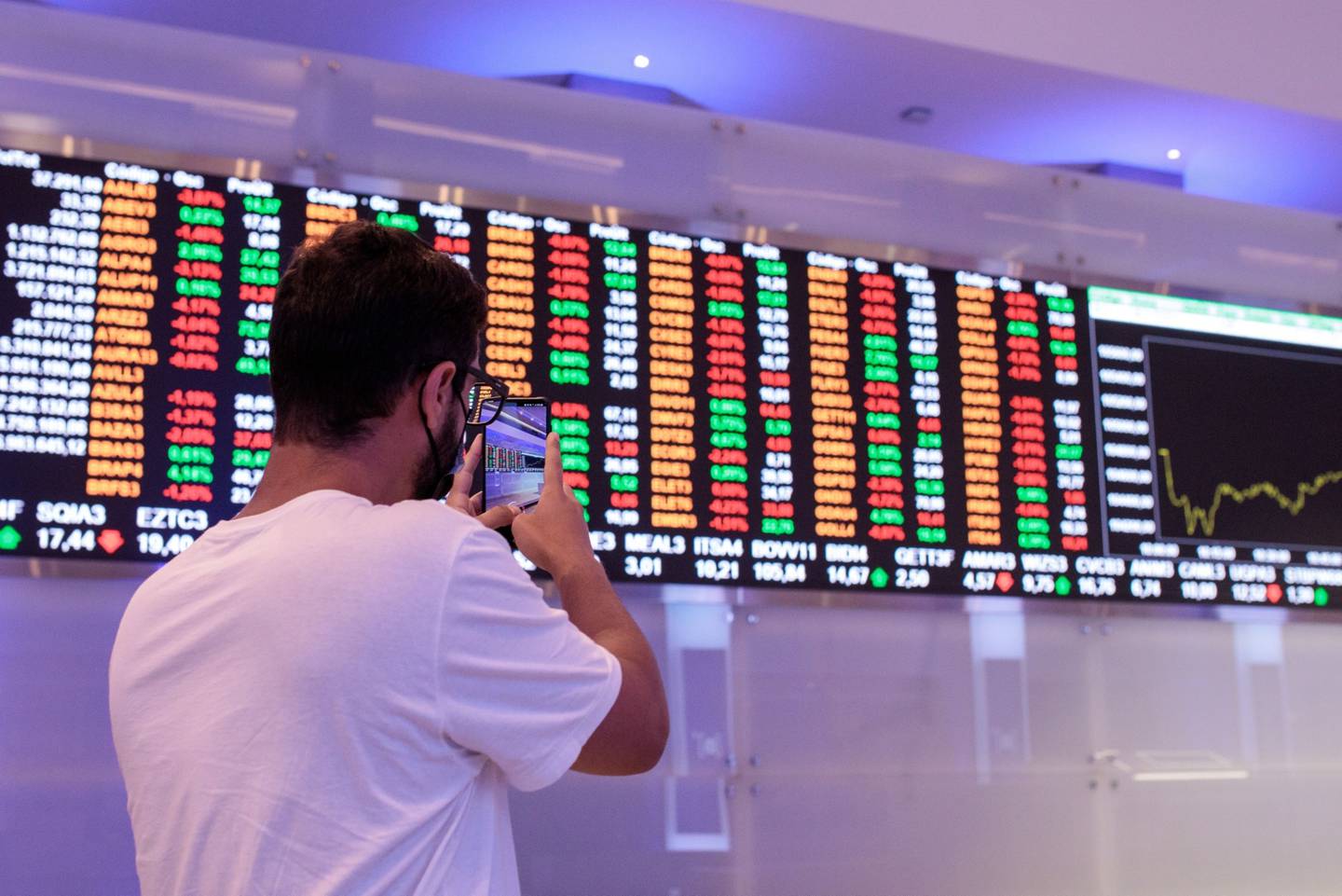 A visitor takes a photograph of an electronic board displaying stock activity at the Brasil Bolsa Balcao (B3) stock exchange in Sao Paulo, Brazil, on Monday, Nov. 8, 2021.