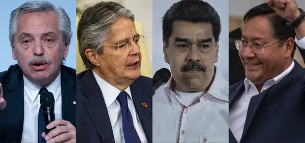 The presidents of Argentina, Ecuador, Venezuela and Bolivia, the LatAm countries with the worse investment risk: Alberto Fernández, Guillermo Lasso, Nicolás Maduro and Luis Arce. (Photos by Bloomberg.)