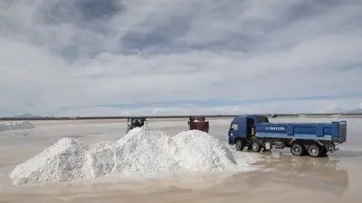 Workers load salt deposits onto trucks inside a state-owned lithium production facility in Potosi, Bolivia. Photographer: Carlos Becerra/Bloomberg
