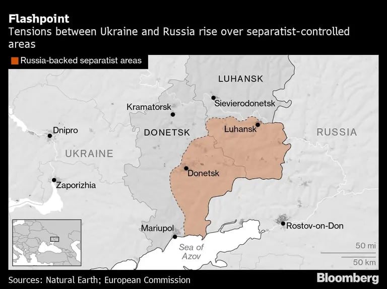 En rojo, las regiones de Donetsk y Luhansk, donde Rusia apoya a los separatistasdfd