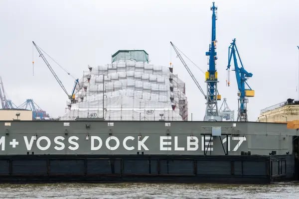 The Dilbar superyacht, owned by Russian billionaire Alisher Usmanov, under cover while undergoing refitting at the Blohm & Voss dock in Hamburg, Germany.