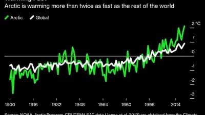 El Ártico se está calentando dos veces más rápido que el resto del mundo.
Verde: Ártico 
Blanco: Global