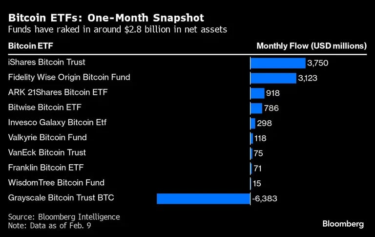 Los ETF de Bitcoin han recaudado unos US$2.800 millones en activos netos.dfd