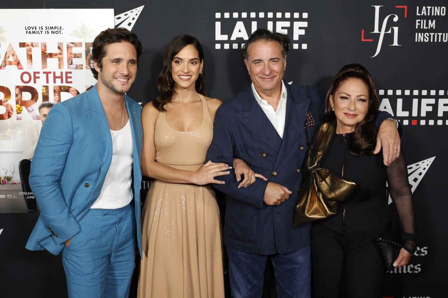 (L-R) Diego Boneta, Adria Arjona, Andy Garcia, Gloria Estefan, attend the 2022 Los Angeles Latino International Film Festival closing night premiere screening of "Father Of The Bride" at TCL Chinese Theatre on June 05, 2022 in Hollywood, California. Photographer: Frazer Harrison/Getty Images