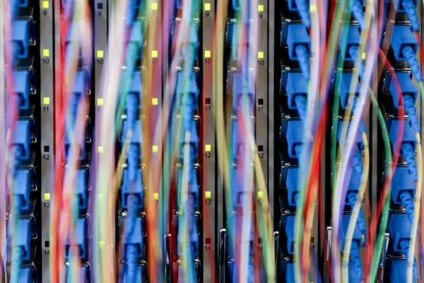 Cables de fibra óptica multicolores conectados a un terminal.