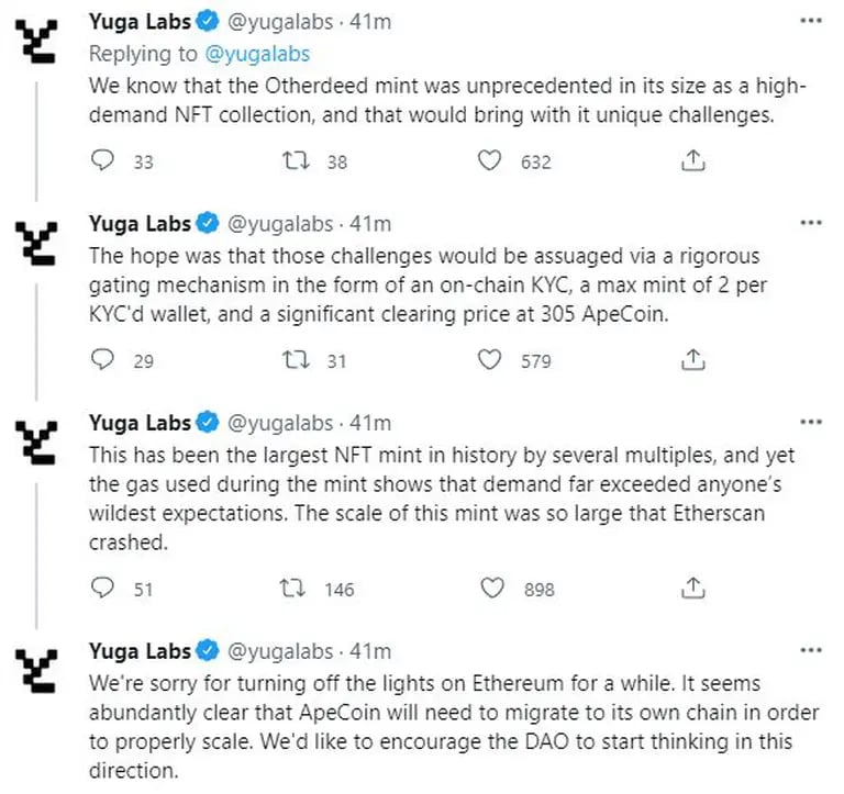 Tweets do Yuga Labs sobre a quebra do Ethereum.dfd