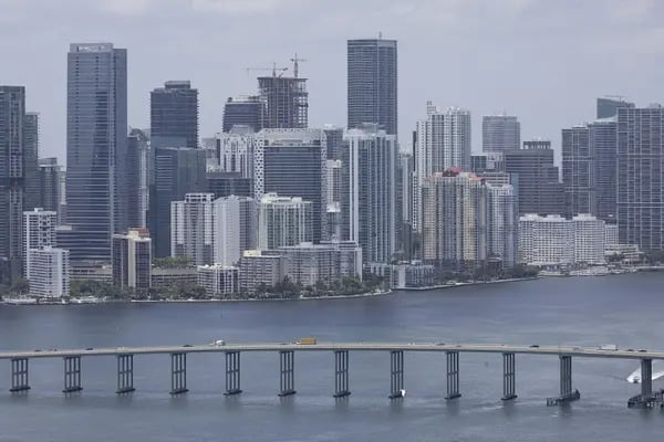 MIAMI, FLORIDA - JULY 21: An aerial view of the City of Miami skyline is seen next to the waters of Biscayne Bay on July 21, 2022 in Miami, Florida