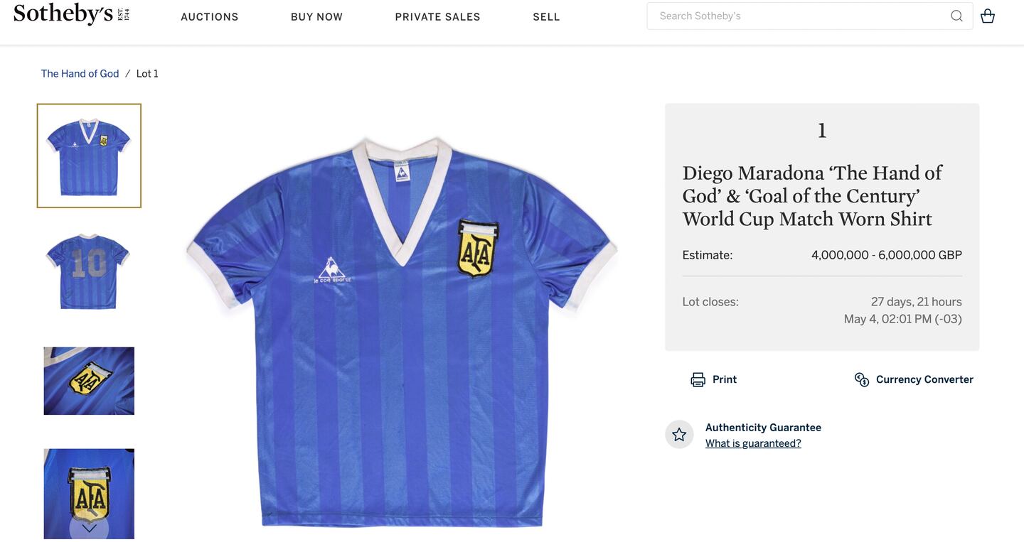 Sotheby's es el encargado de la subasta de la camiseta del "gol del siglo"dfd