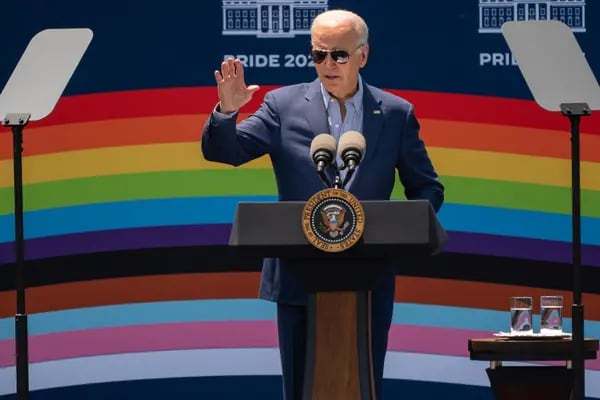 US President Joe Biden speaks during a Pride Month celebration event at the White House in Washington, DC.
