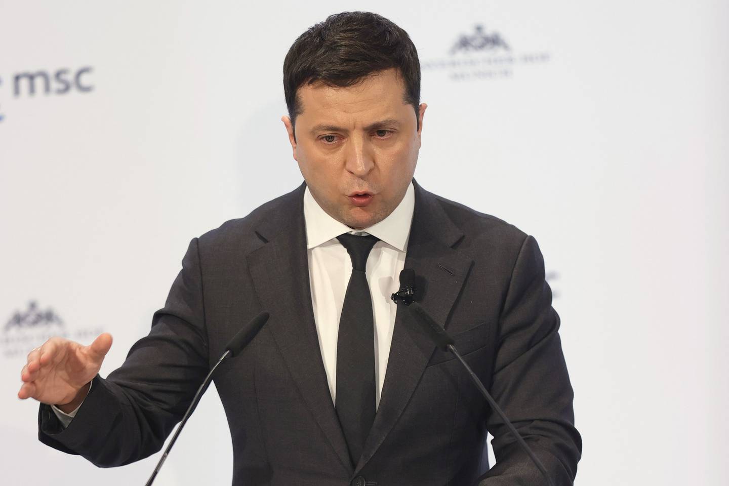 Zelenskiy speaks at the Munich Security Conference in Munich, Germany, on Feb. 19. Photographer: Pool/Getty Images Europedfd