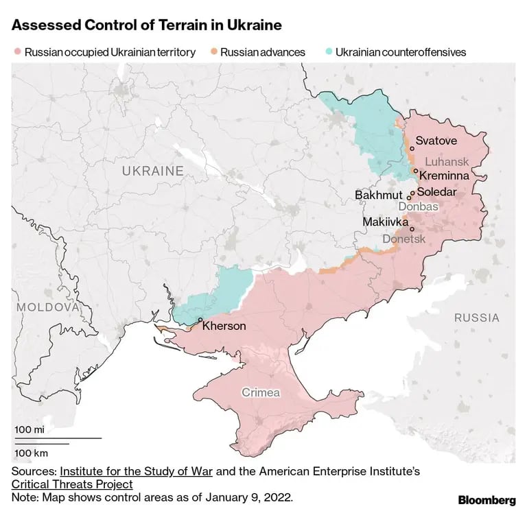 En rosa: Territorio ucraniano ocupado por Rusia
En naranja: Avances rusos
En celeste: Contraofensivas ucranianasdfd