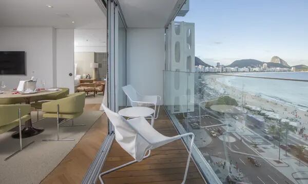 View from a suite at Emiliano Hotel, in Rio de Janeiro, into Copacabana beach and Pao de Açúcar (Sugar Loaf)