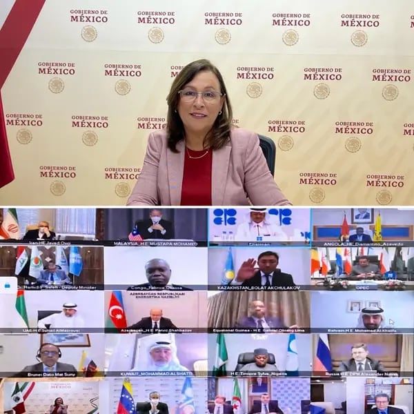 La titular de la Secretaría de Energía (Sener), Rocío Nahle García, durante una reunión virtual con los miembros de la Organización de Países Exportadores de Petróleo y Aliados (OPEP+) durante marzo de 2022. (Imagen: Sener).