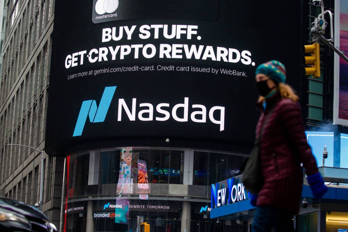 Crypto ad seen at the Nasdaq MarketSite in New York's Times Square.