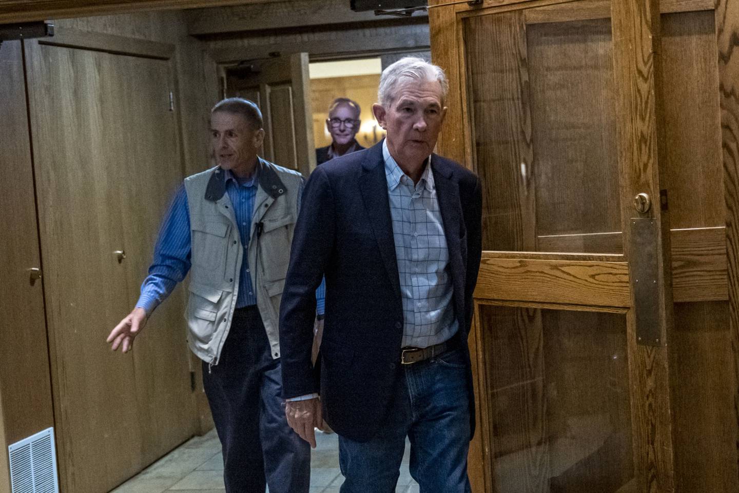 Powell leaves the reception dinner at the Jackson Hole economic symposium in Wyoming, on Aug. 25. dfd