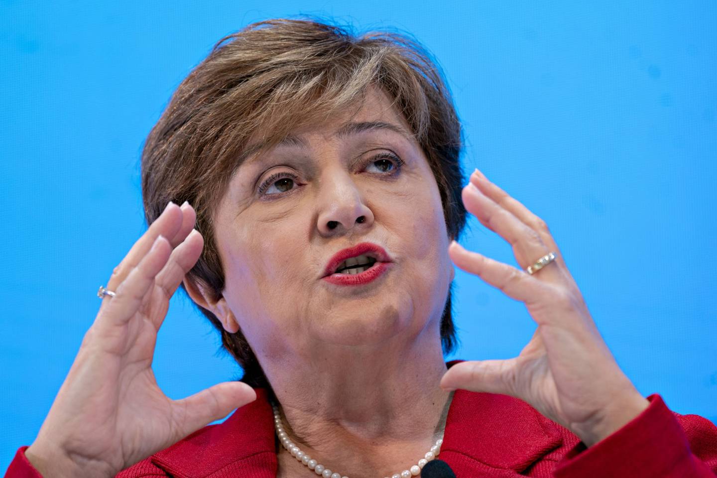 Kristalina Georgieva, managing director of the International Monetary Fund (IMF), speaks during a discussion ahead of the IMF and World Bank Group Annual Meetings in Washington, D.C., U.S., on Tuesday, Oct. 8, 2019. Georgieva, in her first major address as head of the IMF, painted a downbeat picture of the world economy and said a more severe slowdown could require governments to coordinate fiscal-stimulus measures.