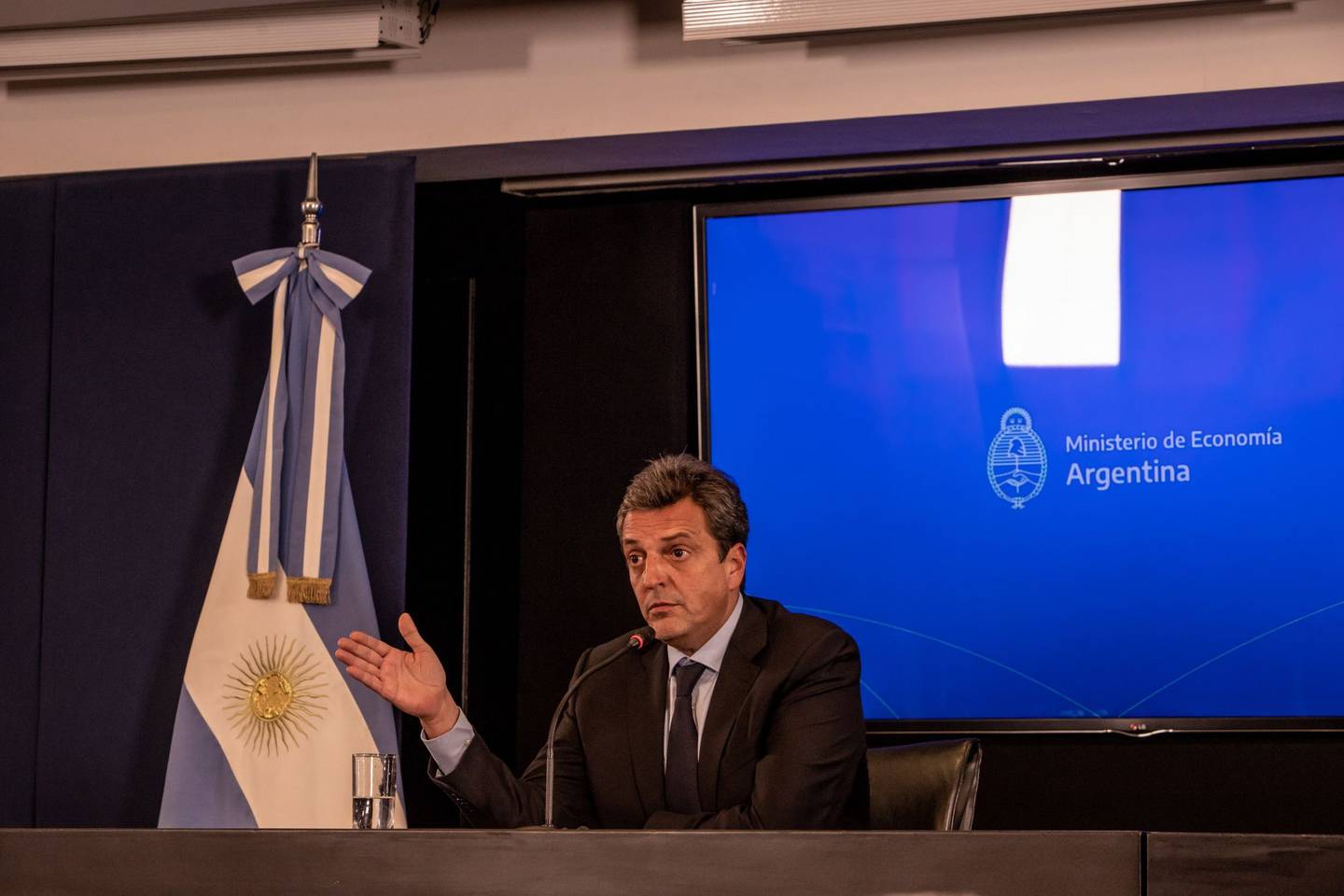 Sergio Massa, Argentina's economy minister, speaks during a press conference at the Economy Ministry building in Buenos Aires, Argentina, on Wednesday, Aug. 3, 2022. New Economy Minister Massa is preparing a set of measures to address one of Argentinas key