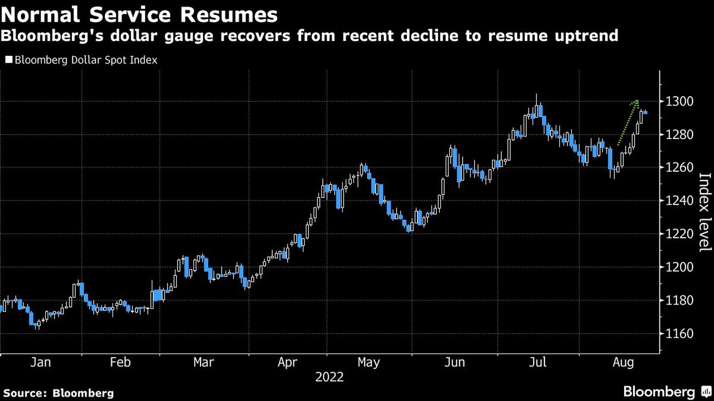 El indicador del dólar de Bloomberg se recupera de una caída reciente para volver a moverse al alzadfd