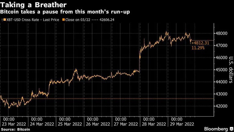 El bitcoin se toma una pausa en la escalada de este mes
Amarillo: Tasa de cruce XBT-USD-último precio
Naranja: Cierre del 22/03dfd