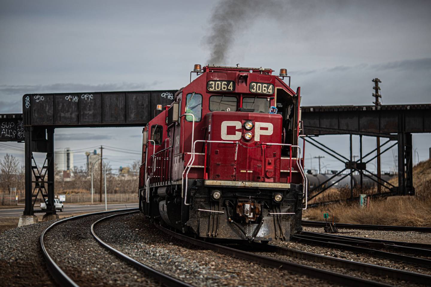A Canadian Pacific Railway locomotive pulls a train in Calgary, Alberta, Canada, on Monday, March 22, 2021.