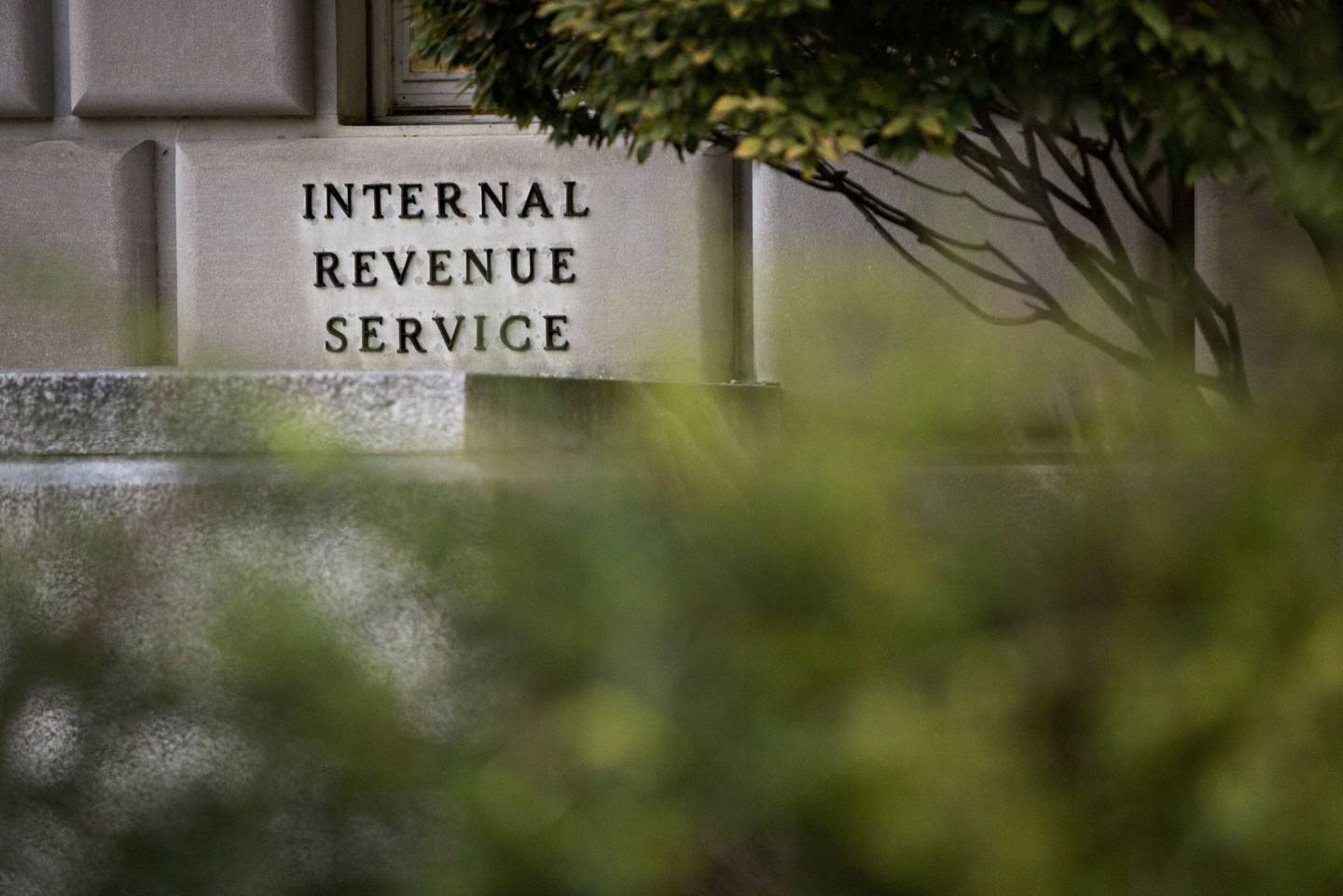Signage is displayed outside the Internal Revenue Service (IRS) headquarters in Washington, D.C.