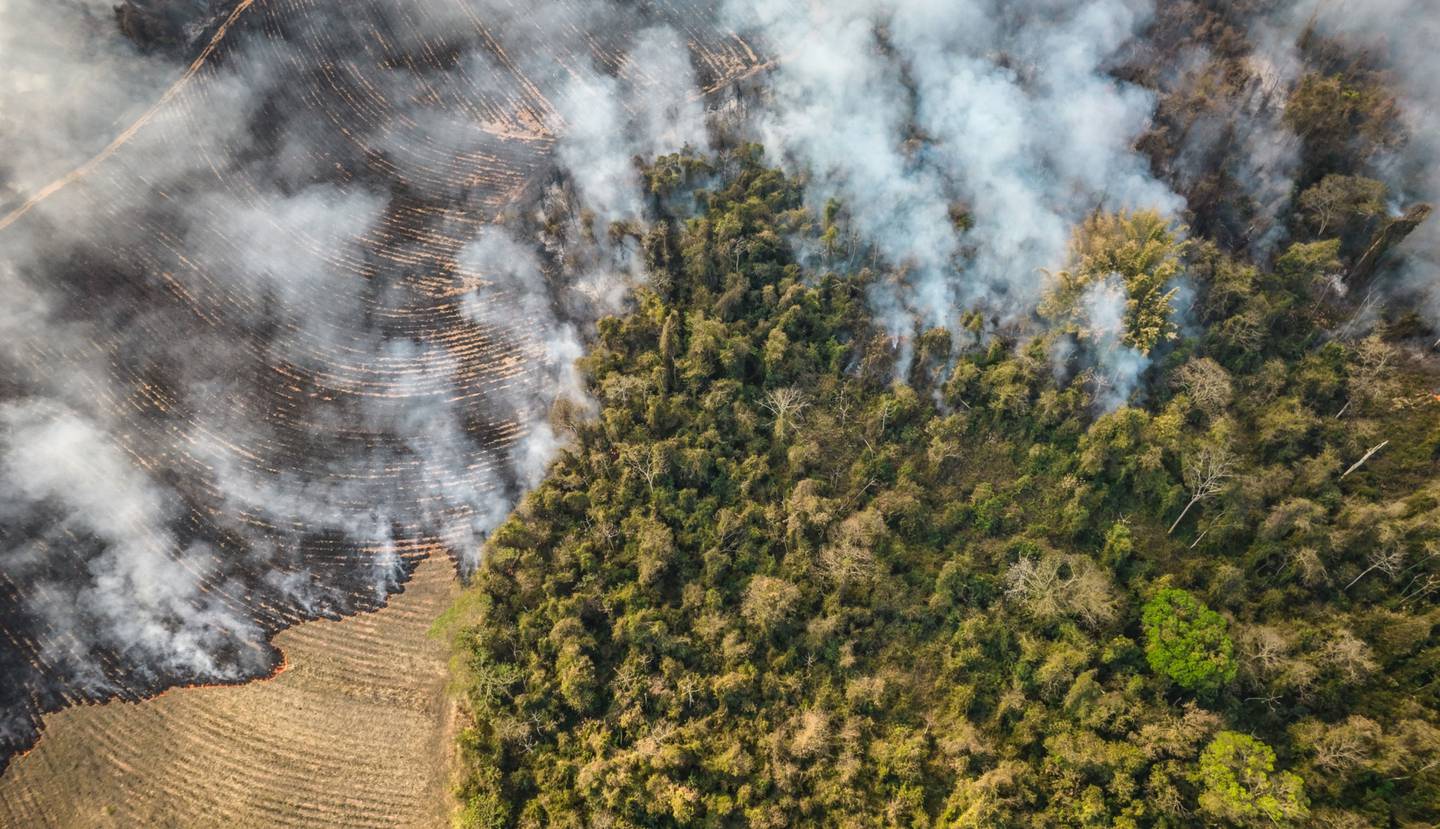 El humo se eleva por encima de las granjas y tierras por un incendio cerca de Sao José do Rio Pardo, estado de Sao Paulo, Brasil, el martes 24 de agosto de 2021.