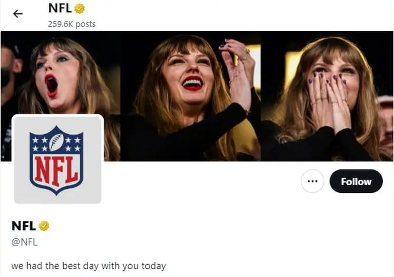 Taylor Swift y sus letras en la página del perfil X de la NFL desde el lunes por la mañana.dfd