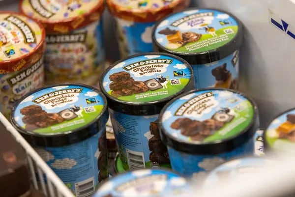 Tubs of Ben and Jerry's ice cream, manufactured by Unilever Plc, in a freezer at an Iceland Foods Ltd. supermarket in Christchurch, UK