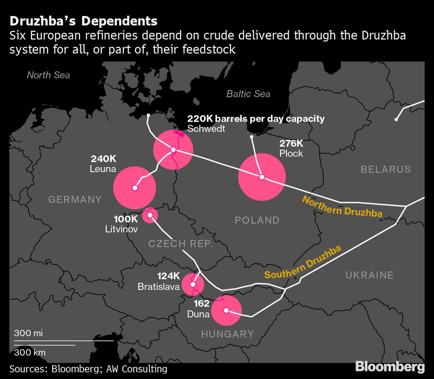Seis refinerías europeas dependen del crudo del sistema Druzhba para todo o parte de su produccióndfd