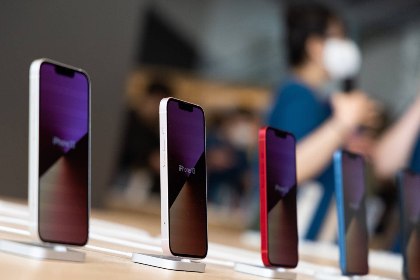 Apple Inc. iPhone 13 smartphones displayed at the company's Myeongdong store during its opening in Seoul, South Korea, on Saturday, April 9, 2022. The two-level store in the center of the city is Apple's third store in South Korea. Photographer: SeongJoon Cho/Bloomberg