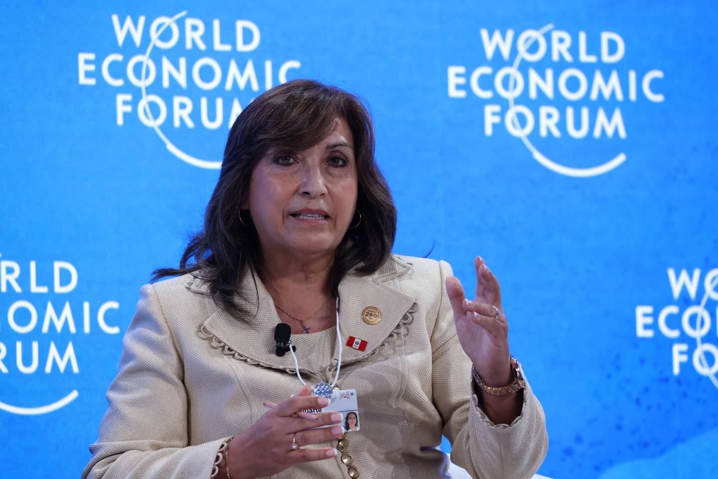 Dina Boluarte, Peru's vice president, during a panel session on day two of the World Economic Forum (WEF) in Davos, Switzerland, on Tuesday, May 24, 2022. The annual Davos gathering of political leaders, top executives and celebrities runs from May 22 to 26. Photographer: Hollie Adams/Bloomberg