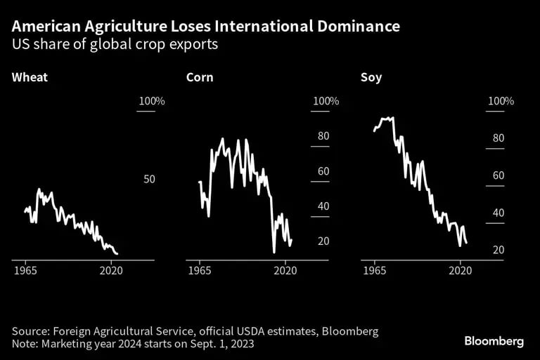 American Agriculture Loses International Dominance | US share of global crop exportsdfd