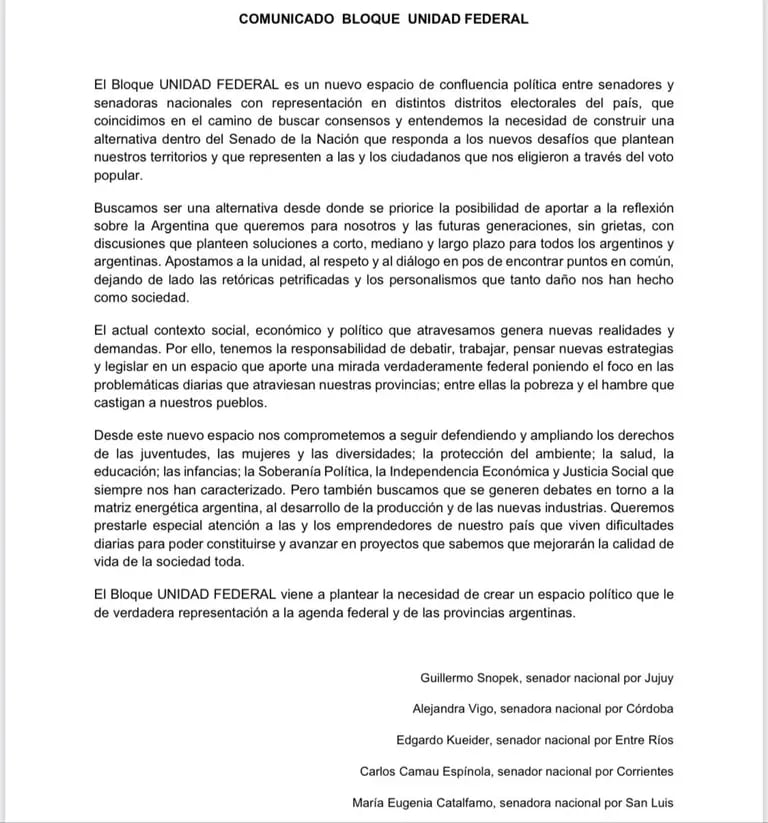 La carta publicada por loscinco senadores de Unidad Federaldfd