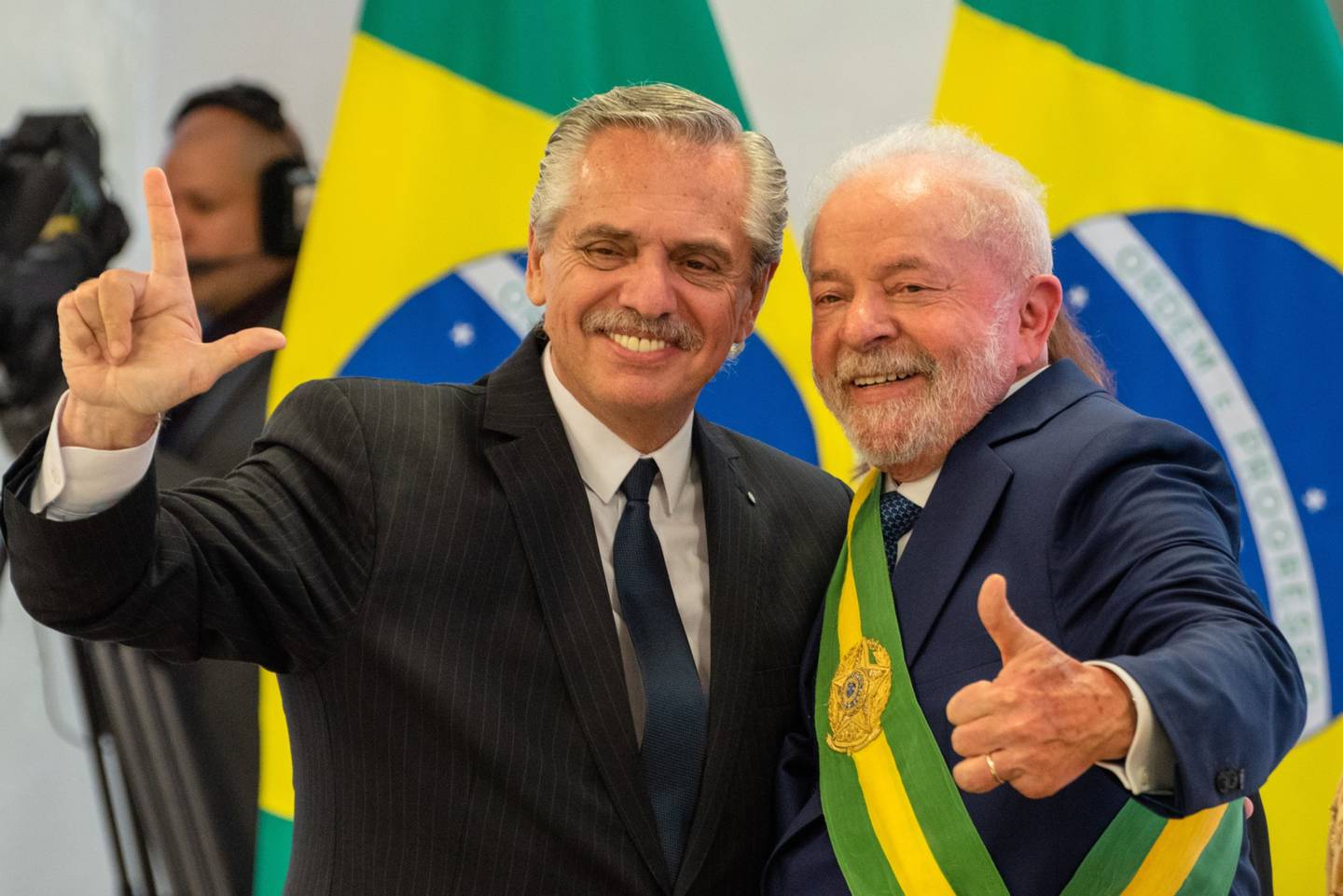 Luiz Inacio Lula da Silva, Brazil's president, right, meets Alberto Fernandez, Argentina's president, after being sworn-in during an inauguration ceremony in Brasilia.
