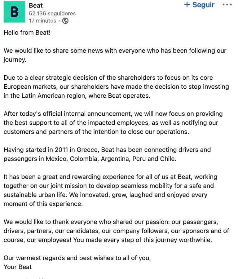 Beat announced the closure of its operations in Argentina, Mexico and Peru on its LinkedIn profile. dfd