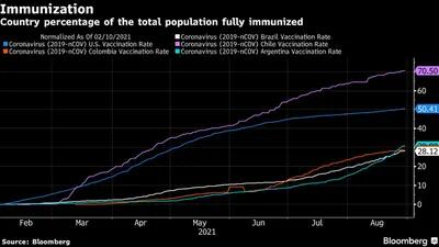 A linha branca representa a porcentagem da população completamente imunizada no Brasil, 28,12%. Por completamente imunizada entende-se quem tomou as duas doses ou a vacina de dose única