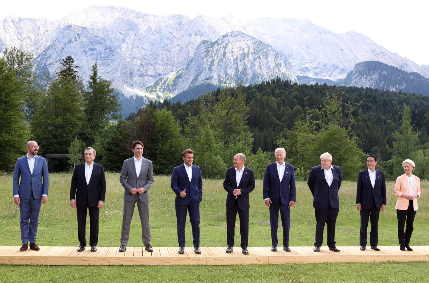 Leaders pose for their family photo during the G-7 Summit, at Elmau Castle, Germany, on June 26.