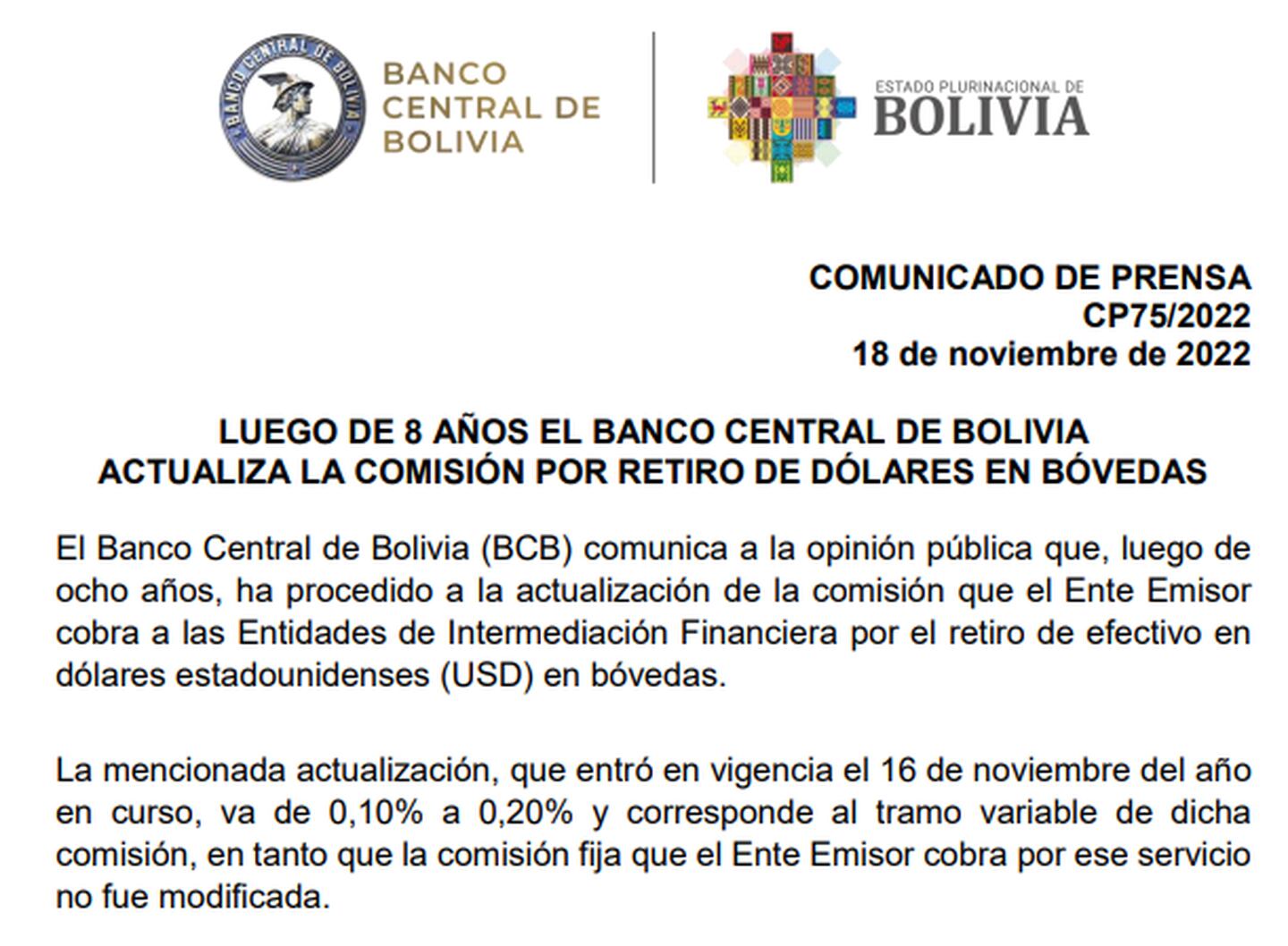 Banco Central de Bolivia duplicó comisiones a bancos que retiren dólares en  bóvedas