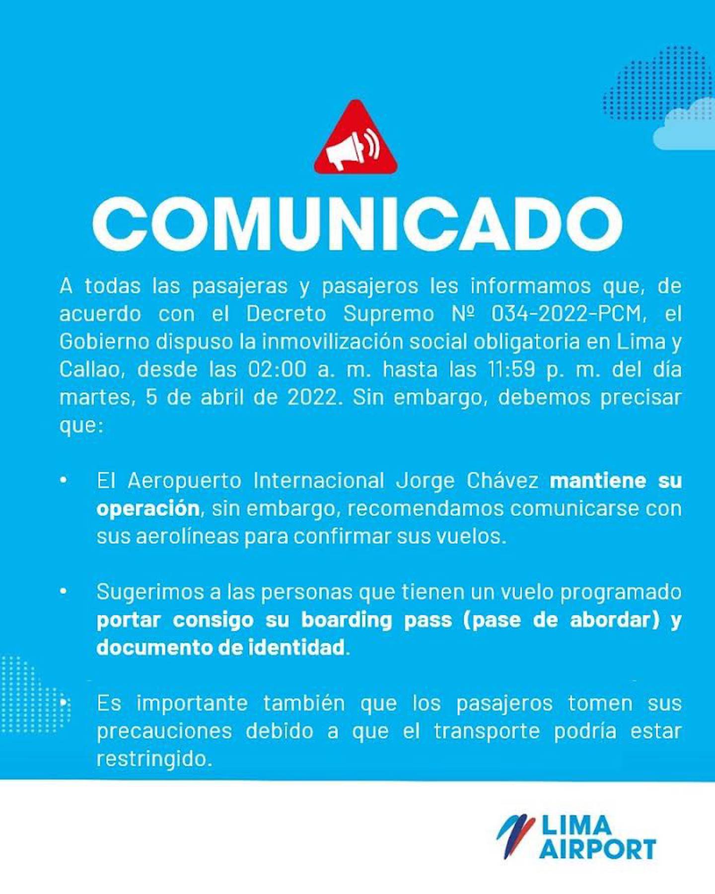 Respecto a la disposición del Gobierno de inmovilización social obligatoria en Lima y Callao, LAP brindó el siguiente comunicado.dfd