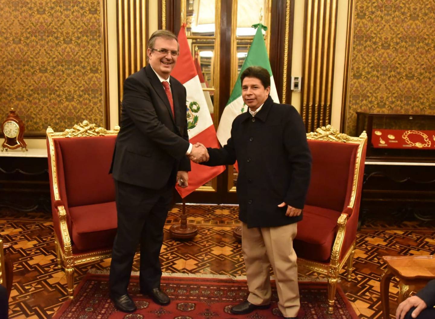 Mexico's Foreign Minister Marcelo Ebrard with Peru's former president Pedro Castillo, on August 4, 2022, during Ebrard's visit to Peru. (Photo courtesy of the government of Mexico)