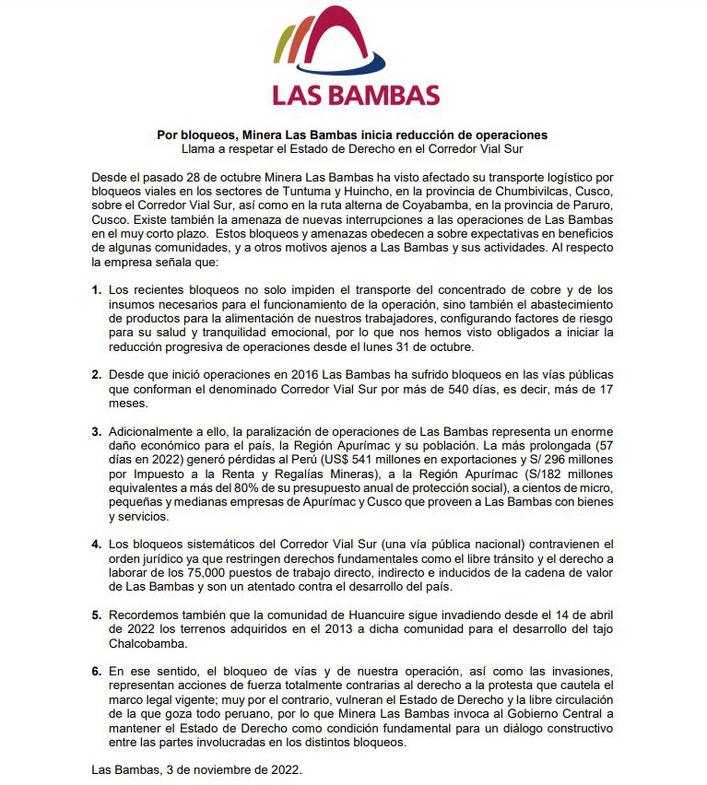 Comunicado de Las Bambas sobre la reducción progresiva de sus operaciones desde el lunes 31 de octubre.dfd
